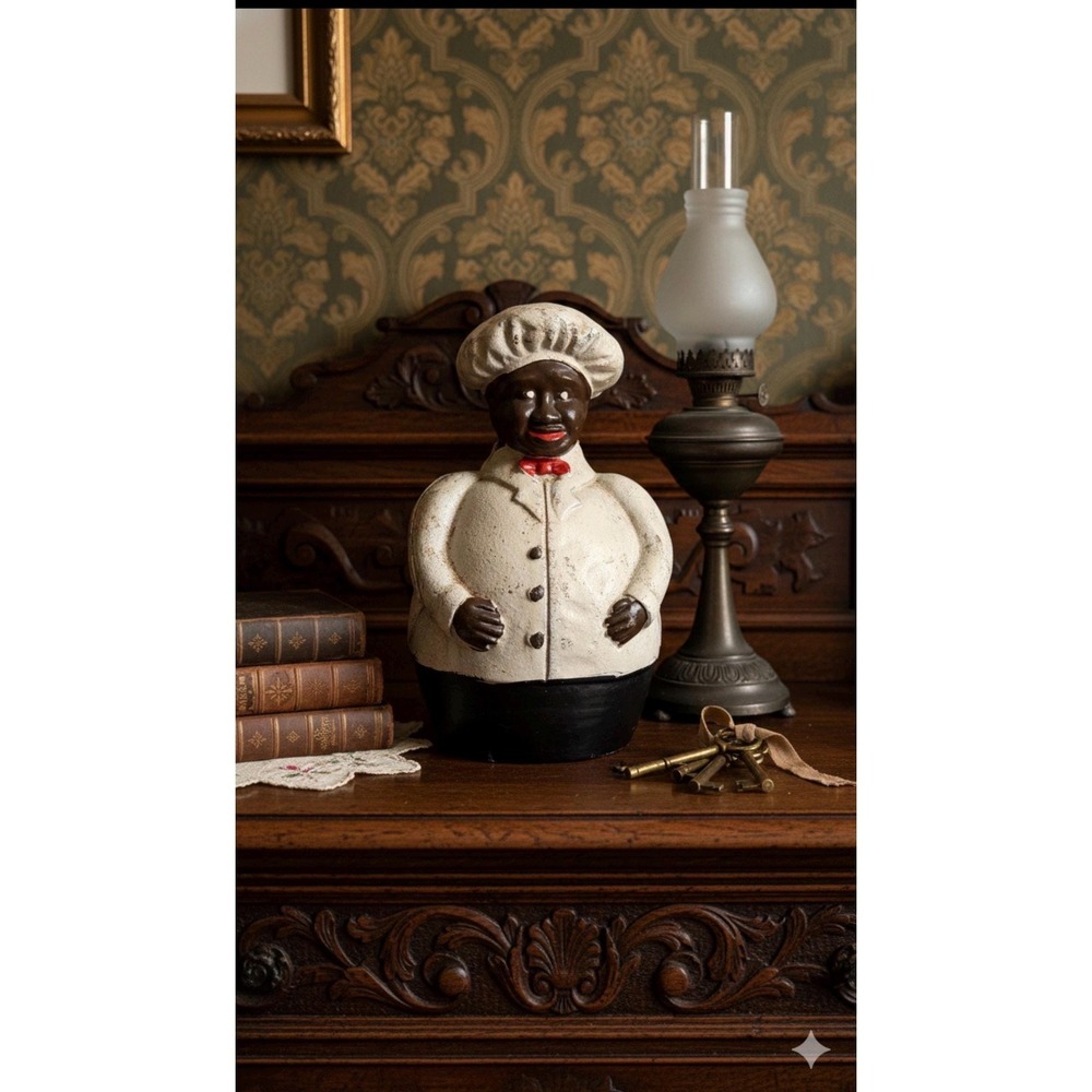 Vintage Cast Iron Chef Mechanical Bank Figurine White Red Bow Tie Distressed